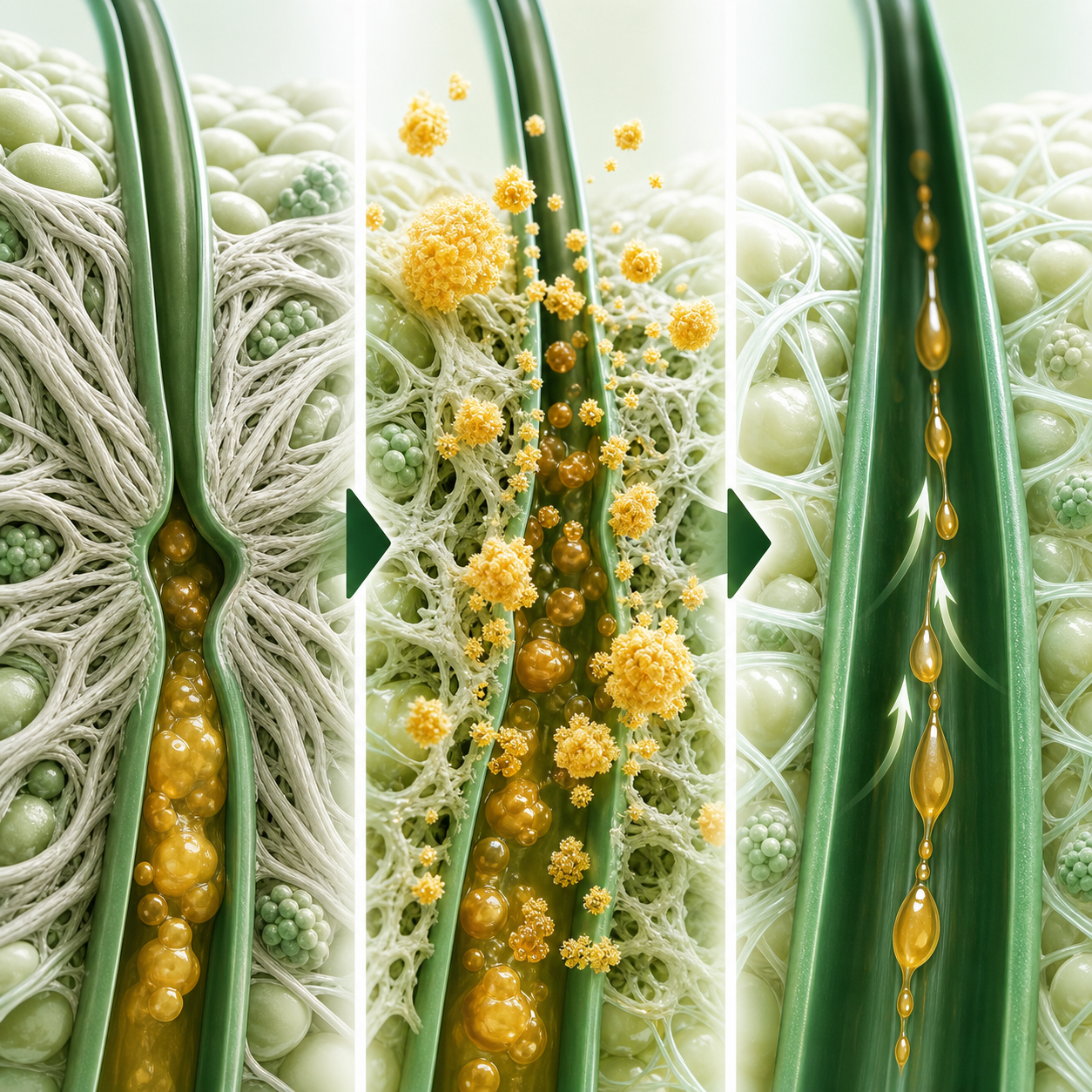 Fibrotic tissue blocking lymphatic flow, bromelain helping break down the obstruction, and restored fluid movement